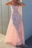 Spaghetti Straps Pink Lace Prom Dresses Long Birthday HZ0307
