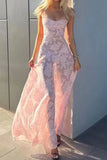 Spaghetti Straps Pink Lace Prom Dresses Long Birthday HZ0307