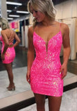 Spaghetti Straps Pink Lace Sequin Homecoming Dresses, HZ0307