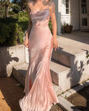 Spaghetti Straps Pink Silk Satin Long Evening Prom HZ0307