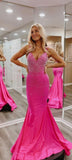 Spaghetti Straps Pink V-neck Evening Prom Dress, Glitter Party HZ0307