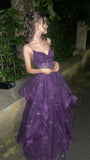 Spaghetti Straps Tulle Prom Dresses Sparkle Beaded Ruffle Evening HZ0307