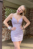 Spaghetti Straps V-neck Lilac Appliques Homecoming Dresses, HZ0307