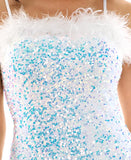Spaghetti Straps White Sequined Feather Homecoming Dresses, HZ0307