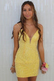 Spaghetti Straps Yellow V-Neck Homecoming Dresses, HZ0307