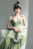 Spaghetti Straps A-line Sage Green Long Formal HZ0307