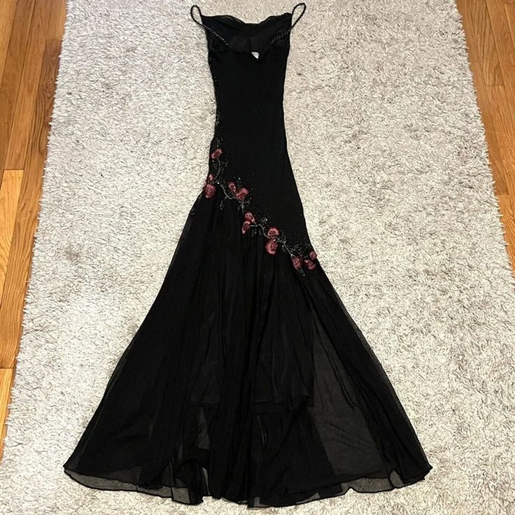 Spaghetti Straps Black Tulle Prom Dresses Floral Beaded Evening Party HZ0307