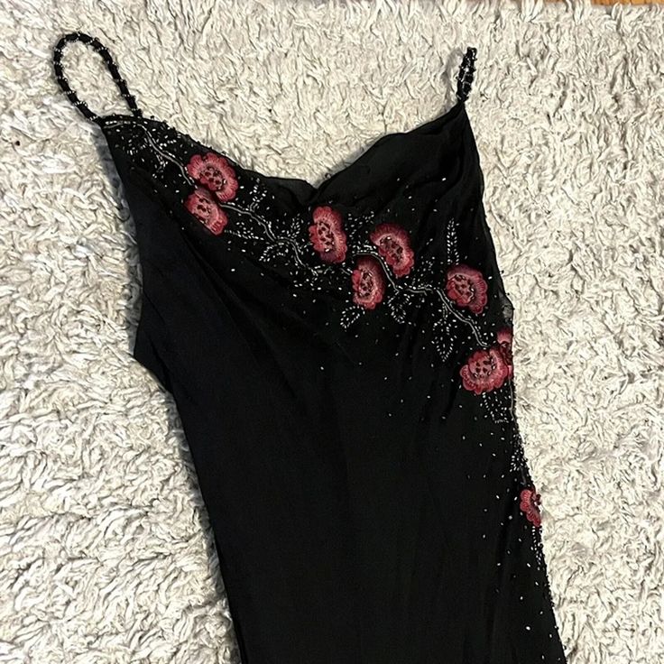 Spaghetti Straps Black Tulle Prom Dresses Floral Beaded Evening Party HZ0307
