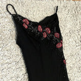 Spaghetti Straps Black Tulle Prom Dresses Floral Beaded Evening Party HZ0307