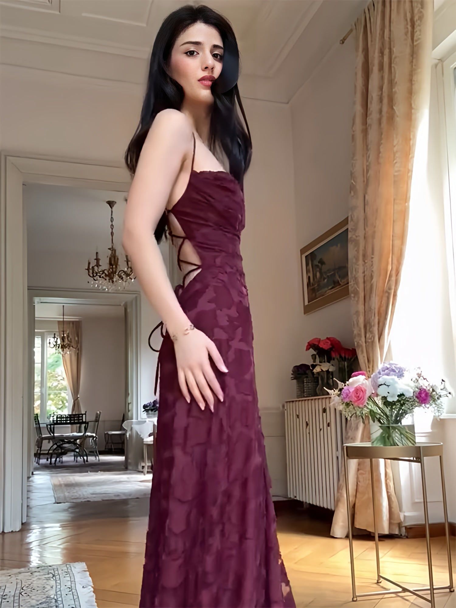 Spaghetti Straps Burgundy Lace Prom Dresses Sheath Formal Party HZ0307