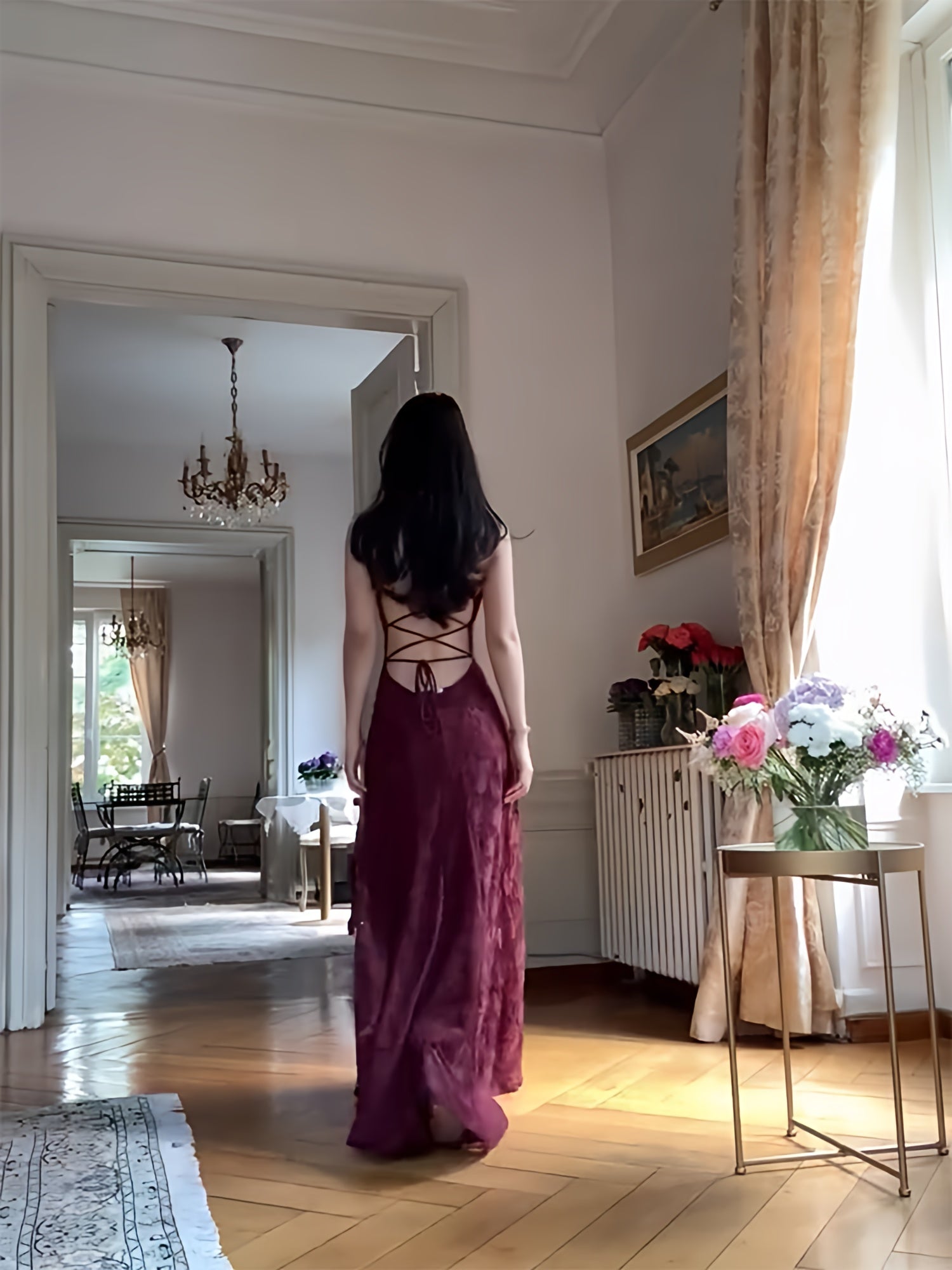 Spaghetti Straps Burgundy Lace Prom Dresses Sheath Formal Party HZ0307