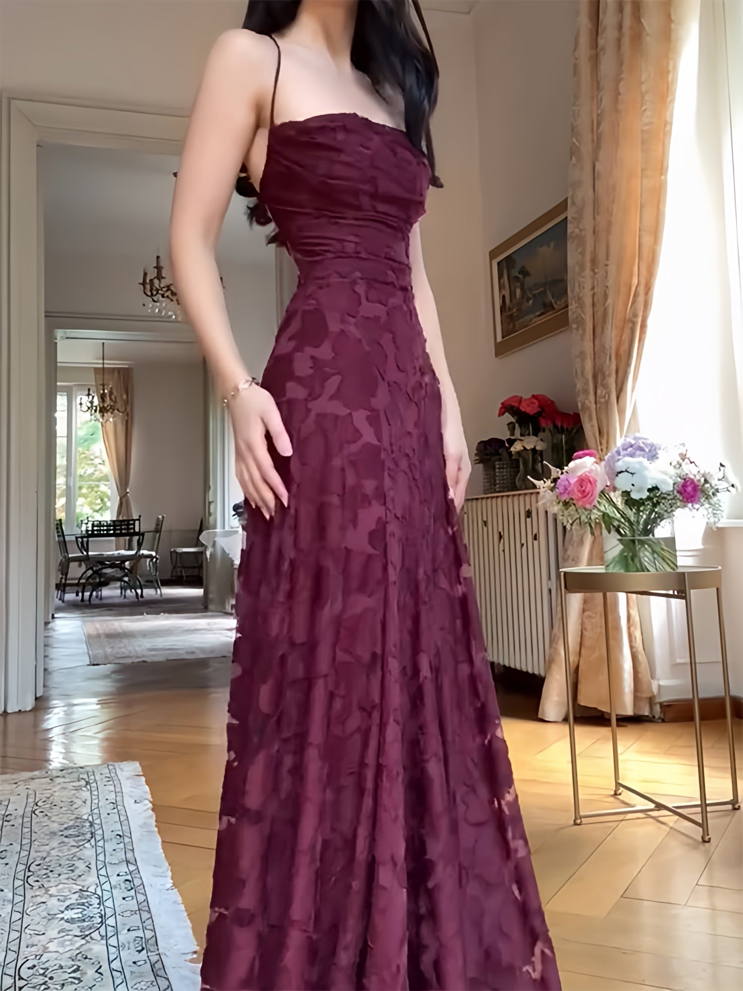 Spaghetti Straps Burgundy Lace Prom Dresses Sheath Formal Party HZ0307