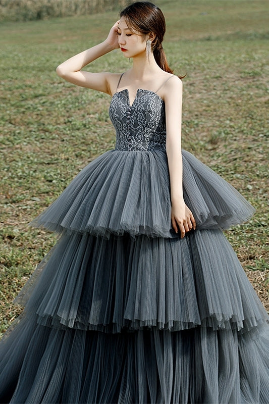 Spaghetti Straps Grey Tiered Layers Long Formal HZ0307