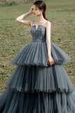 Spaghetti Straps Grey Tiered Layers Long Formal HZ0307