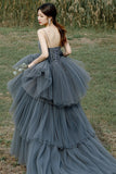 Spaghetti Straps Grey Tiered Layers Long Formal HZ0307