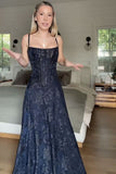 Spaghetti Straps Navy Blue Prom Dresses Floral Evening Party HZ0307