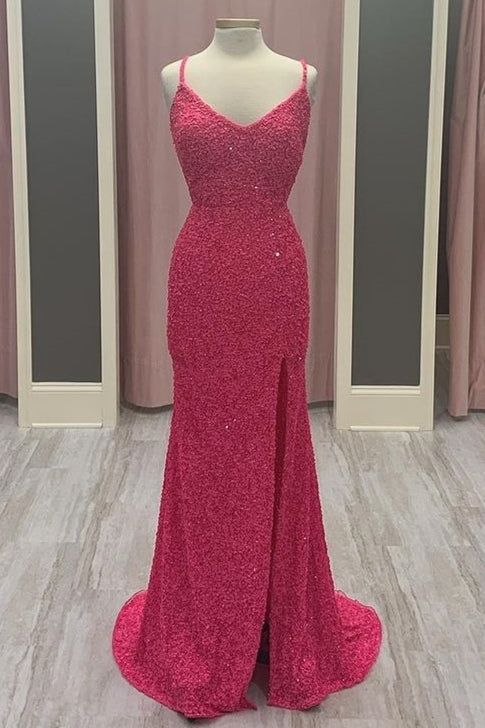 Spaghetti Straps Neon Pink Sequin Mermaid Prom HZ0307