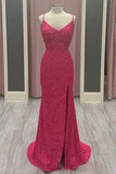 Spaghetti Straps Neon Pink Sequin Mermaid Prom HZ0307