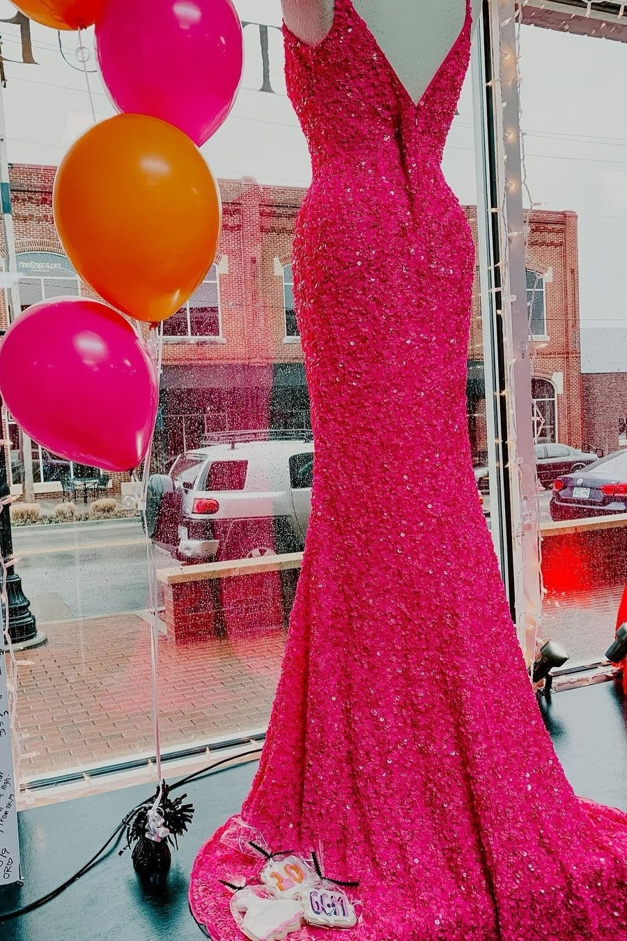 Spaghetti Straps Neon Pink Sequin Mermaid Prom HZ0307