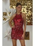 Sparkle Halter Burgundy Homecoming Dresses For Teens, Sequin Bodycon Party Dress, HZ0307