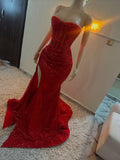 Sparkle Mermaid Sequined Prom Dresses Red Slit Formal Party HZ0307