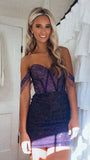 Sparkle Off The Shoulder Bodycon Homecoming Dress, Purple Mini Party HZ0307
