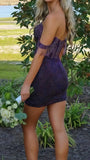 Sparkle Off The Shoulder Bodycon Homecoming Dress, Purple Mini Party HZ0307