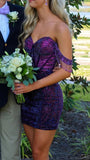 Sparkle Off The Shoulder Bodycon Homecoming Dress, Purple Mini Party HZ0307