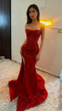 Sparkle Mermaid Sequined Prom Dresses Red Slit Formal Party HZ0307