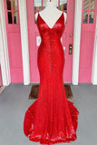 Sparkle Red Sequin Mermaid V Neck Long Prom HZ0307