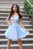 LTP1783,Light Blue A-Line Homecoming Dresses, V-Neck Floral Hoco HZ0307