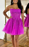Strapless Purple Applique Mini Homecoming Dress Short Graduation Dresses, HZ0307