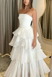 Strapless Ruffle White Prom Dresses Full Length Sleeveless Evening Party HZ0307