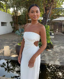 Strapless White Bodycon Split Party Dress Ankle Length Homecoming Dresses, HZ0307