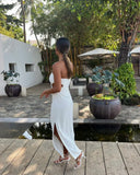 Strapless White Bodycon Split Party Dress Ankle Length Homecoming Dresses, HZ0307