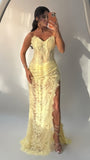 Strapless Yellow Lace Sequin High Slit Pleated Prom Gown Long Mermaid Party Dress HZ0307