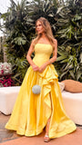 Strapless Yellow Satin A-line Prom Dresses Side Slit Party Formal HZ0307
