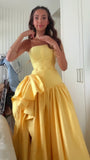 Strapless Yellow Satin A-line Prom Dresses Side Slit Party Formal HZ0307