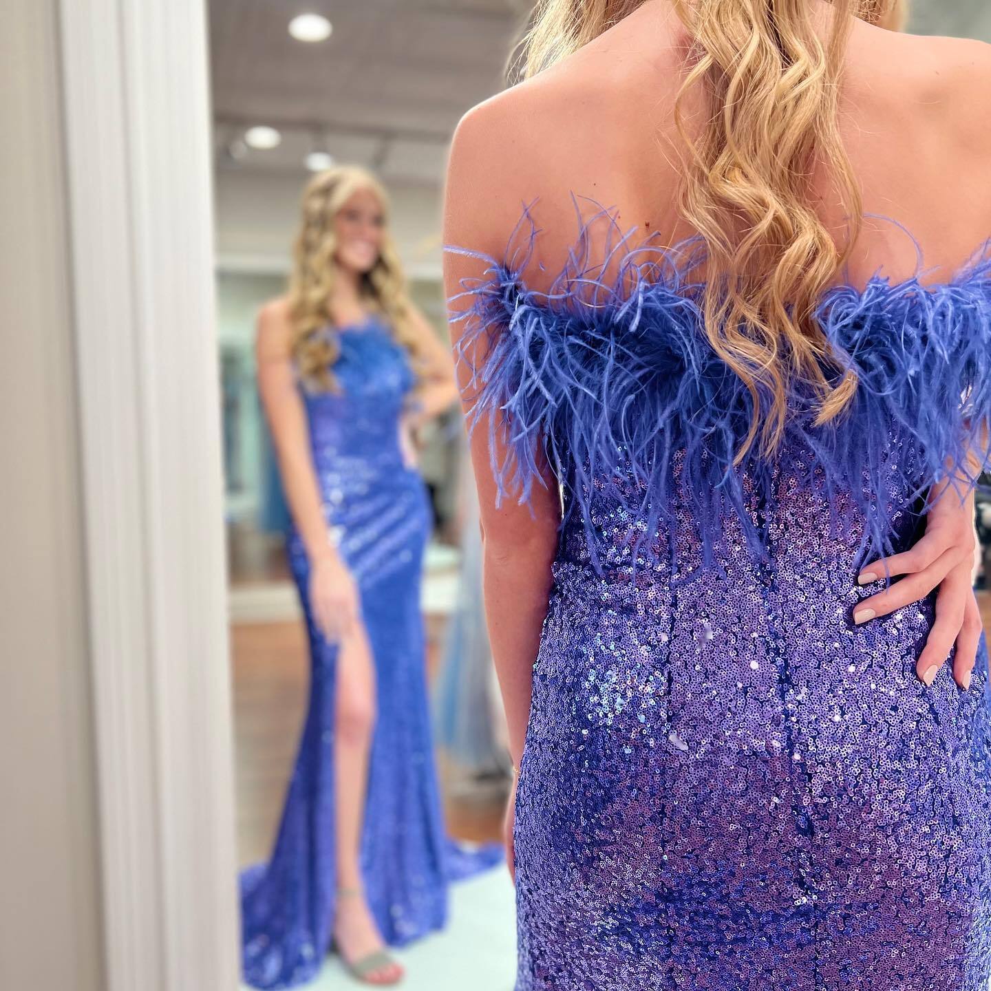 Strapless Fur Light Blue Sequin Mermaid Formal HZ0307