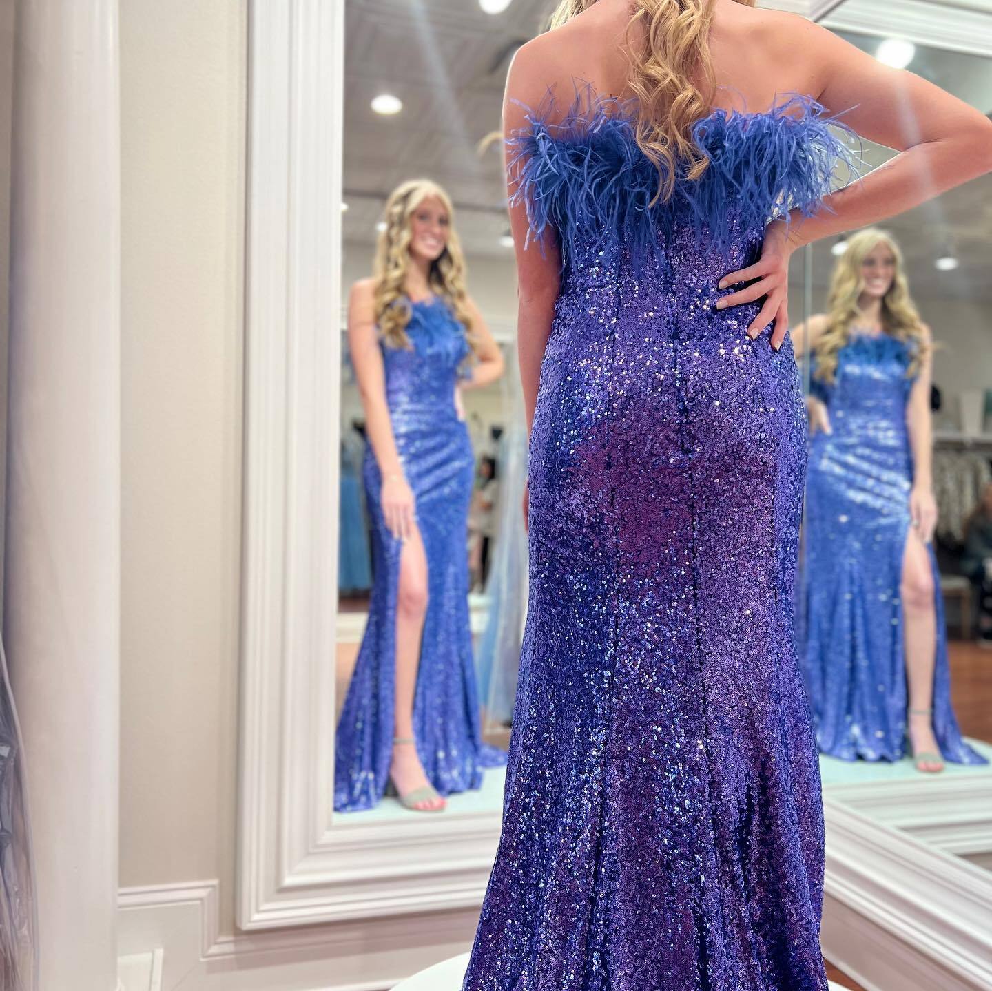 Strapless Fur Light Blue Sequin Mermaid Formal HZ0307