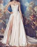 Strapless Lace Satin Wedding Dress - Vintage White Bridal Gown with HZ0307