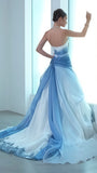Strapless White Blue Chiffon Tulle Long Prom HZ0307