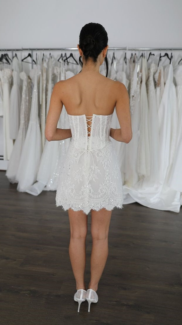 Strapless White Lace Wedding Dresses Short Lace Dress Wedding Reception Dress, HZ0307