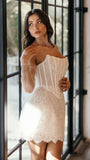 Strapless White Lace Wedding Dresses Short Lace Dress Wedding Reception Dress, HZ0307