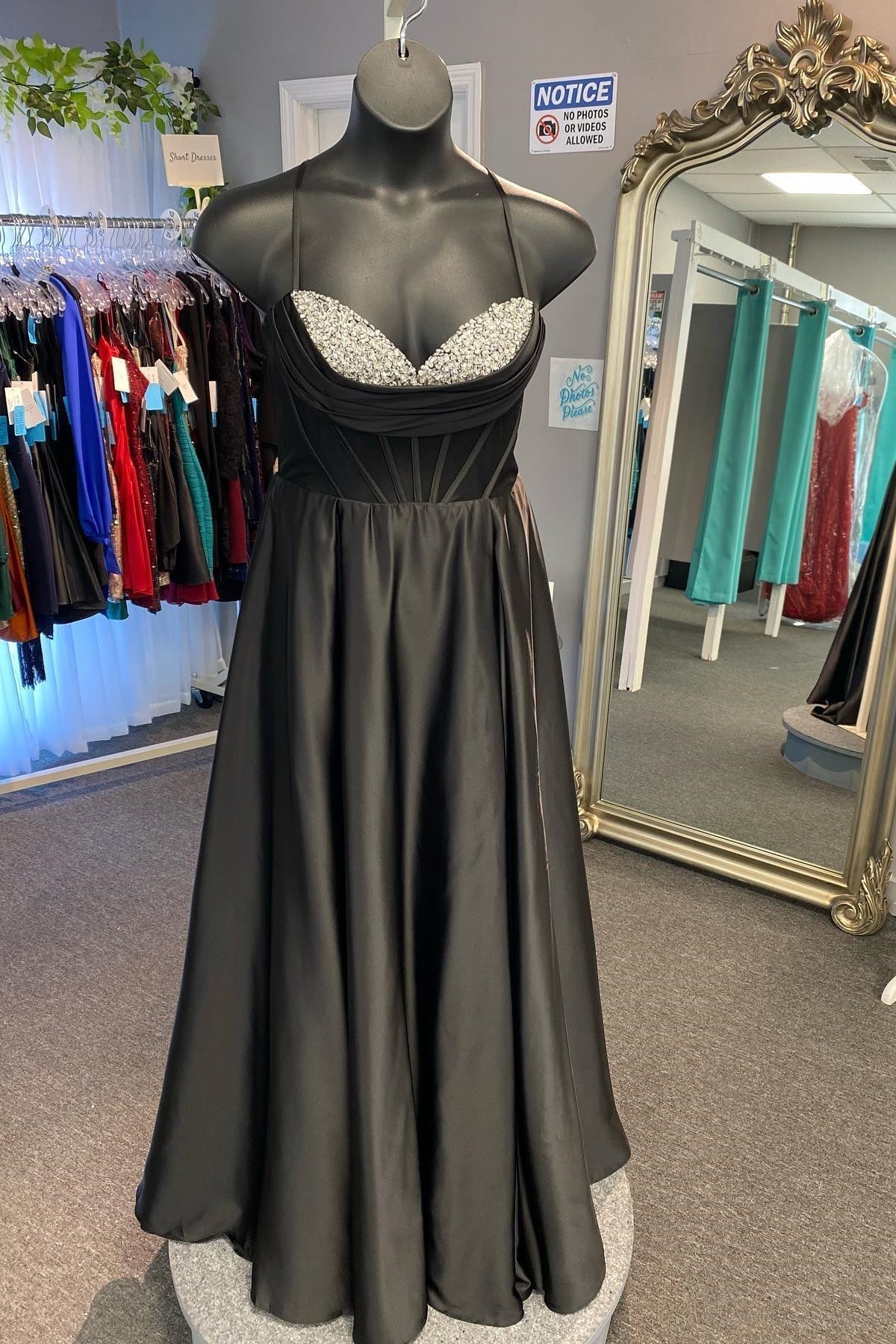 Straps Black Satin Beaded A-line Long Formal HZ0307