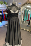 Straps Black Satin Beaded A-line Long Formal HZ0307