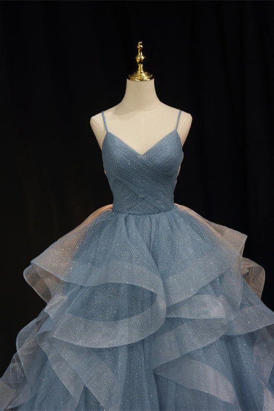 Straps Blue A-line Layers Long Formal HZ0307