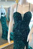 Straps Dark Green Sequin Mermaid Long Formal HZ0307