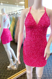 Straps Hot Pink Sequin Bodycon Mini Dress with Cross HZ0307