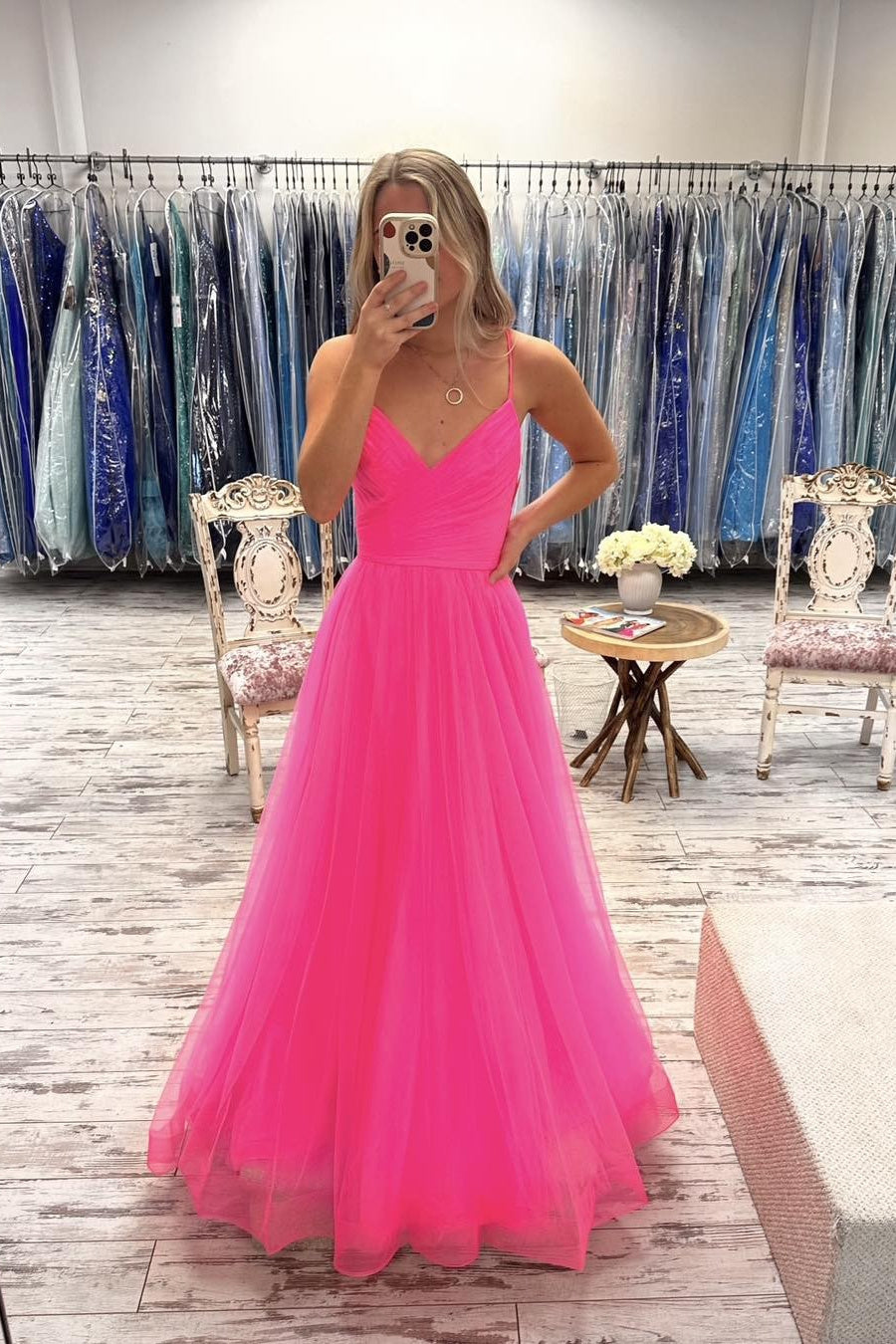 Straps Hot Pink Tulle Pleated A-line Long Prom HZ0307